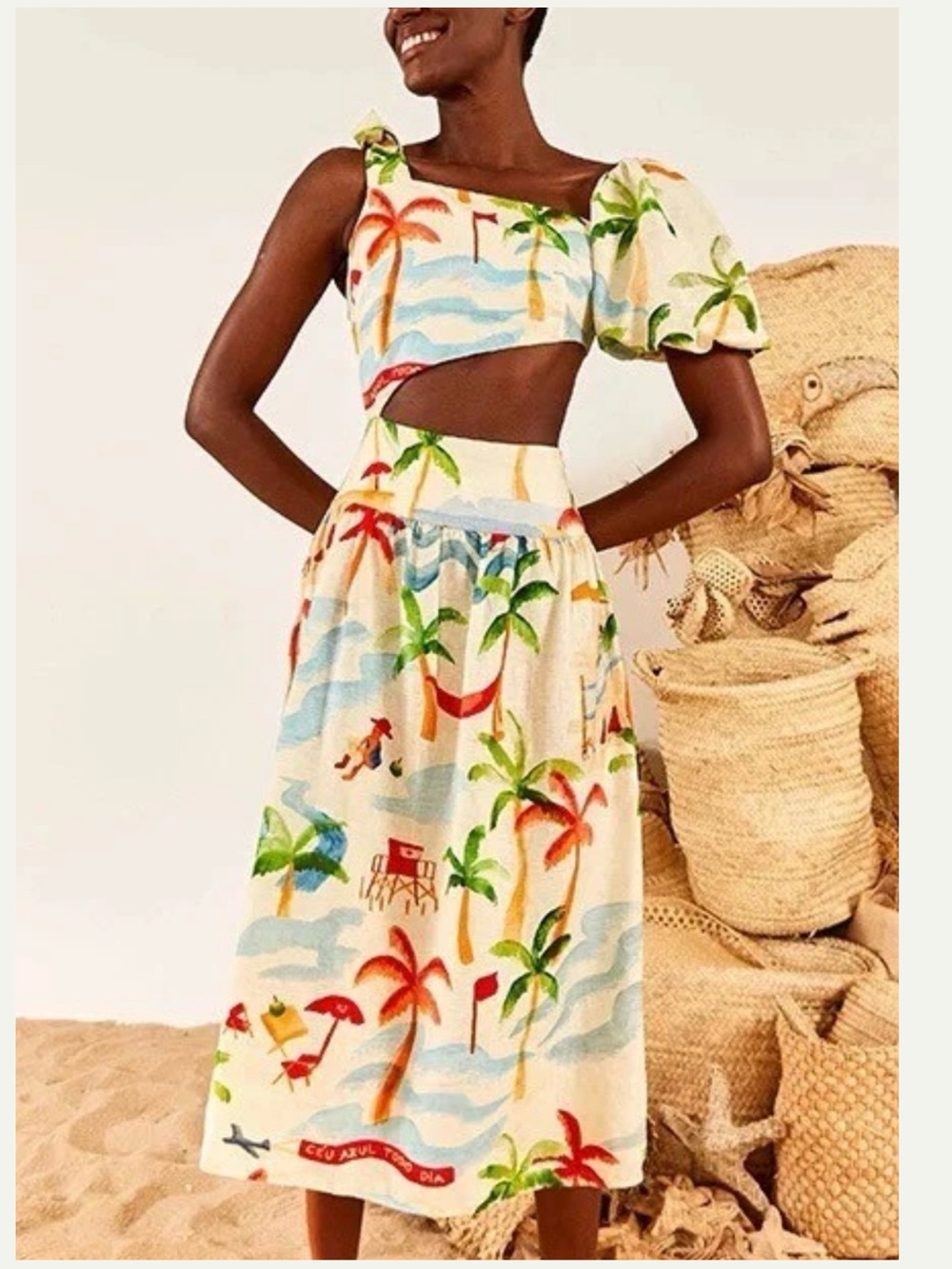 Women’s Tropical Print Cutout Midi Skirt - Cream Palm
